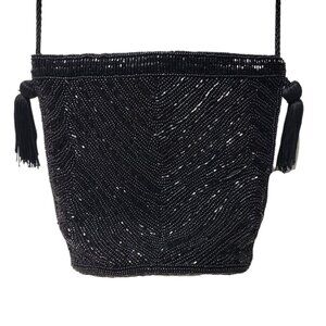 90s Talbots chevron pattern micro-beaded fringe black bucket shoulder bag